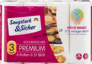 Saugstark&Sicher - Kuchyňské papírové ubrousky PREMIUM 3-vrstvé 4x51ks - Německo