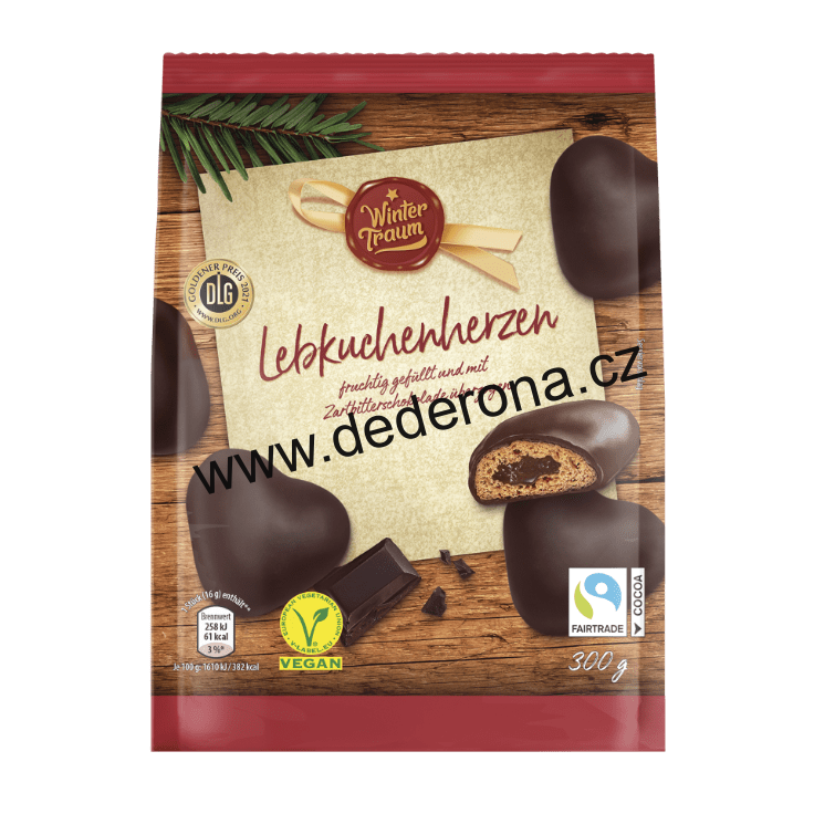 WINTERTRAUM - PLNĚNÁ PERNÍKOVÁ SRDÍČKA V HOŘKÉ ČOKOLÁDĚ 300g - Německo!
